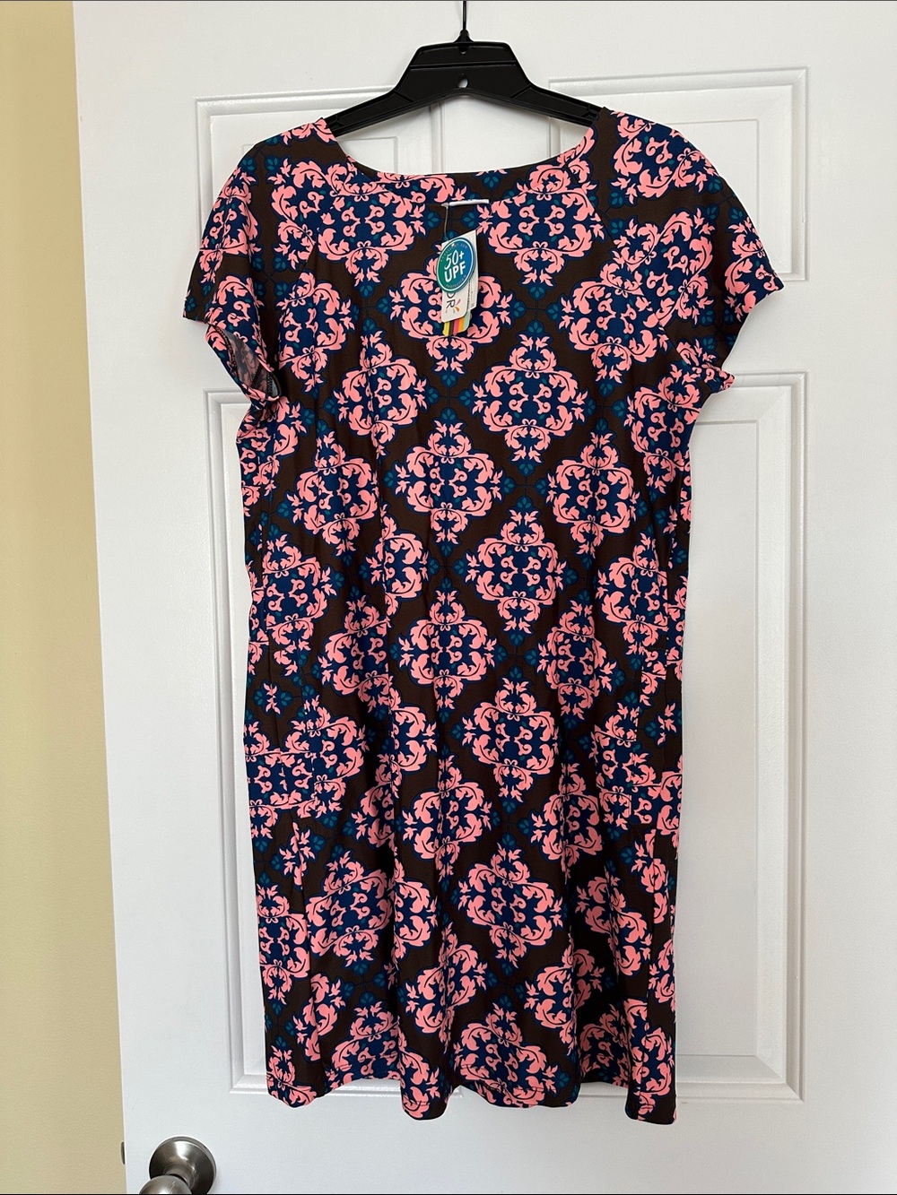 All for Color UPF 50 Women’s Chocolate Brown and Pink Printed Short-Sleeve Dress